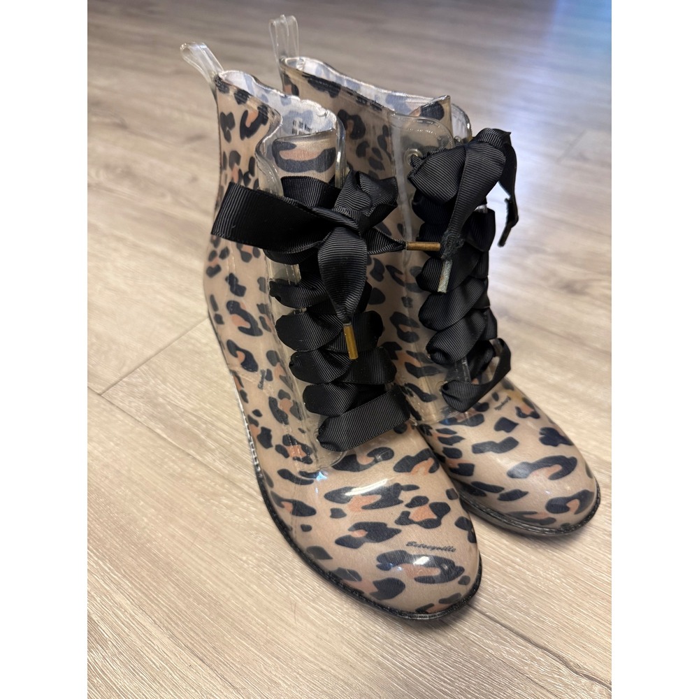 Betseyville Betsey Johnson Leopard Print Clear Rain Boots Ribbon Lace Up Size 11